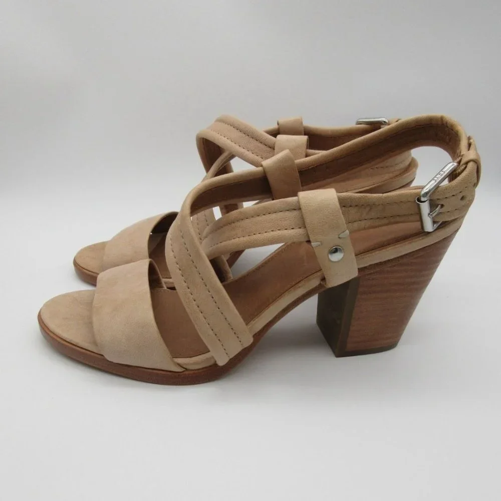 FRYE women's Dani cream leather cross strap‎ stacked heel sandals 10